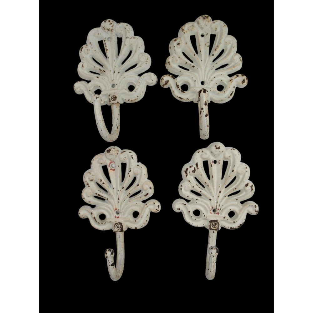 Cast‎ iron white painted vintage coat hooks WEAR distressed rust rustic lot 4